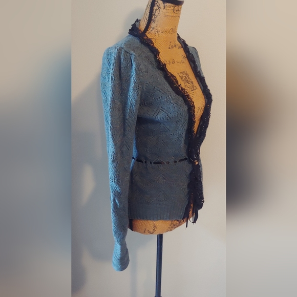 Whistles Wool Blend Cardigan Sweater w Lace Trim & Ribbon Tie Front Sz 4 - Picture 2 of 14